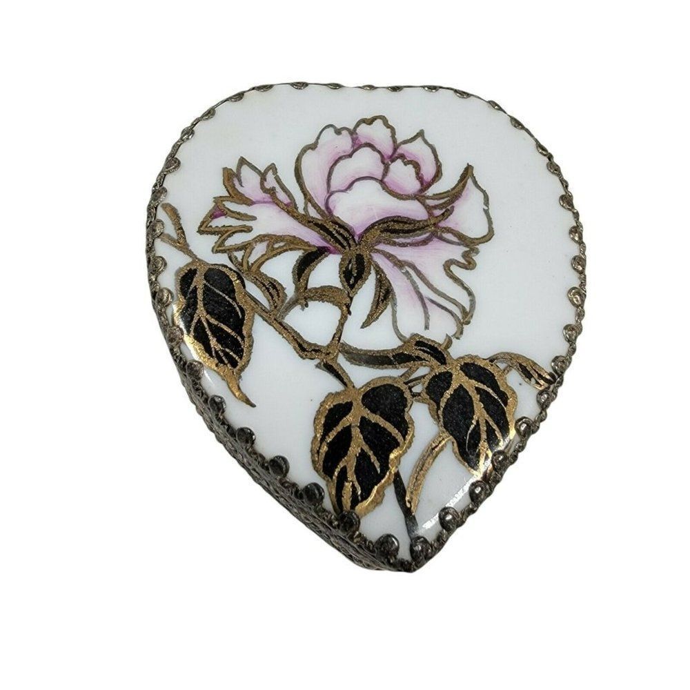 Vintage Silver Toned Heart Shaped Trinket Box Ornate Peony Love Nature Jewelry